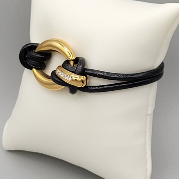 Gold Tone Rings Black Corded Bracelet Crystal Accents Size 5.5 Magnetic Close - Picture 2 of 6